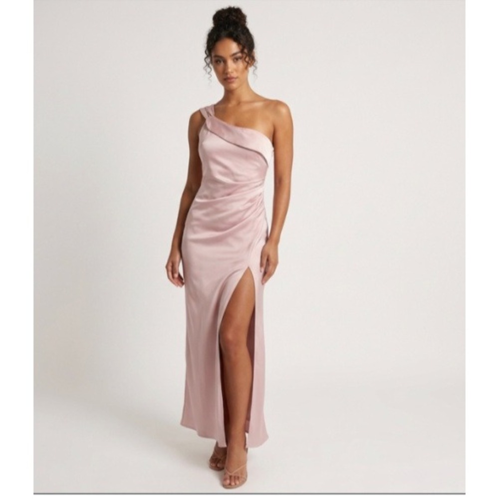 Petal & Pup Lolana Draped One Shoulder Maxi Dress Medium Pink Satin Slit Wedding
